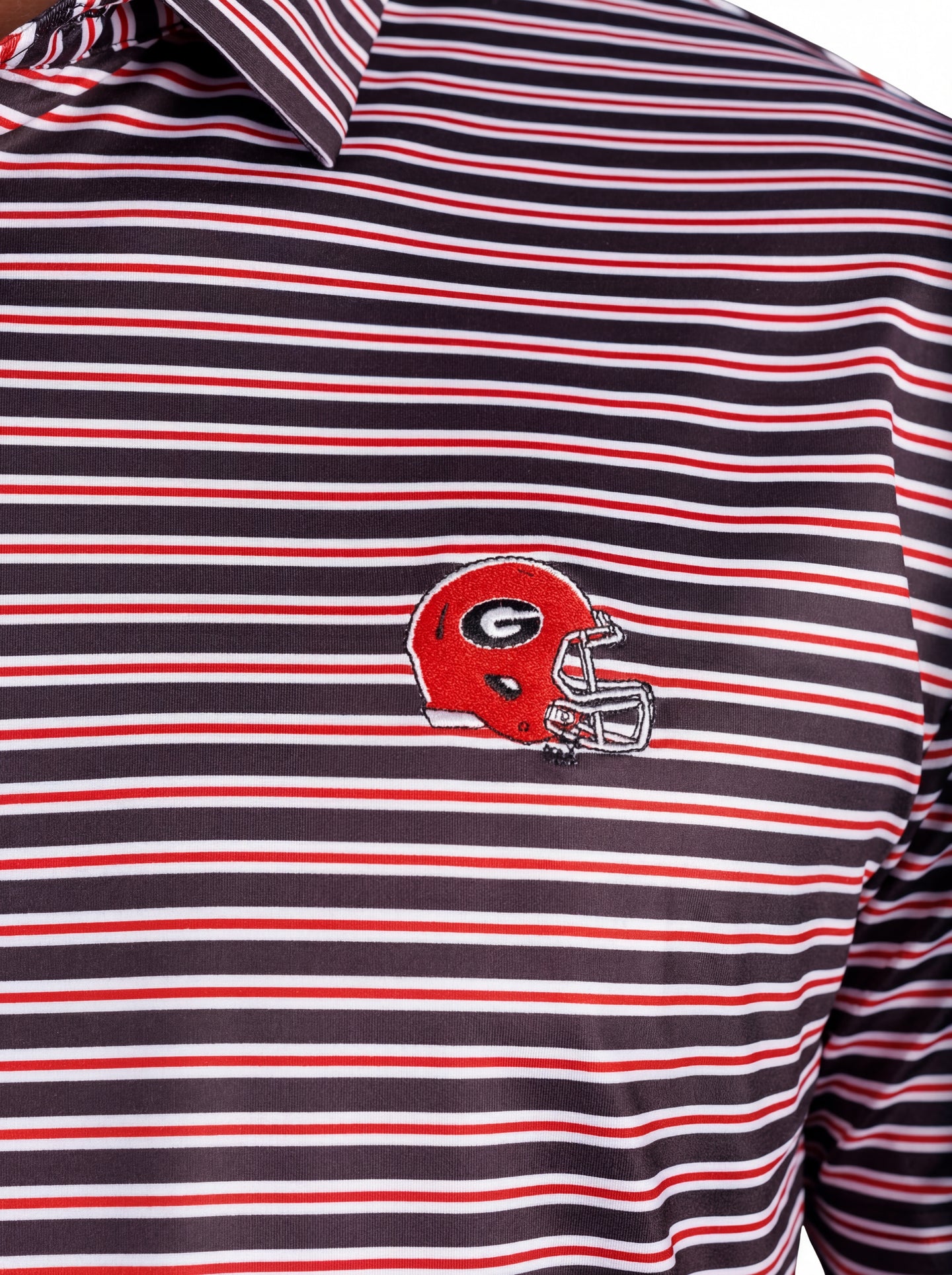 UGA Bulldogs men's "Helmet Stripe" polo shirt by Arena Graffiti, featuring a striped collar and team logo.
