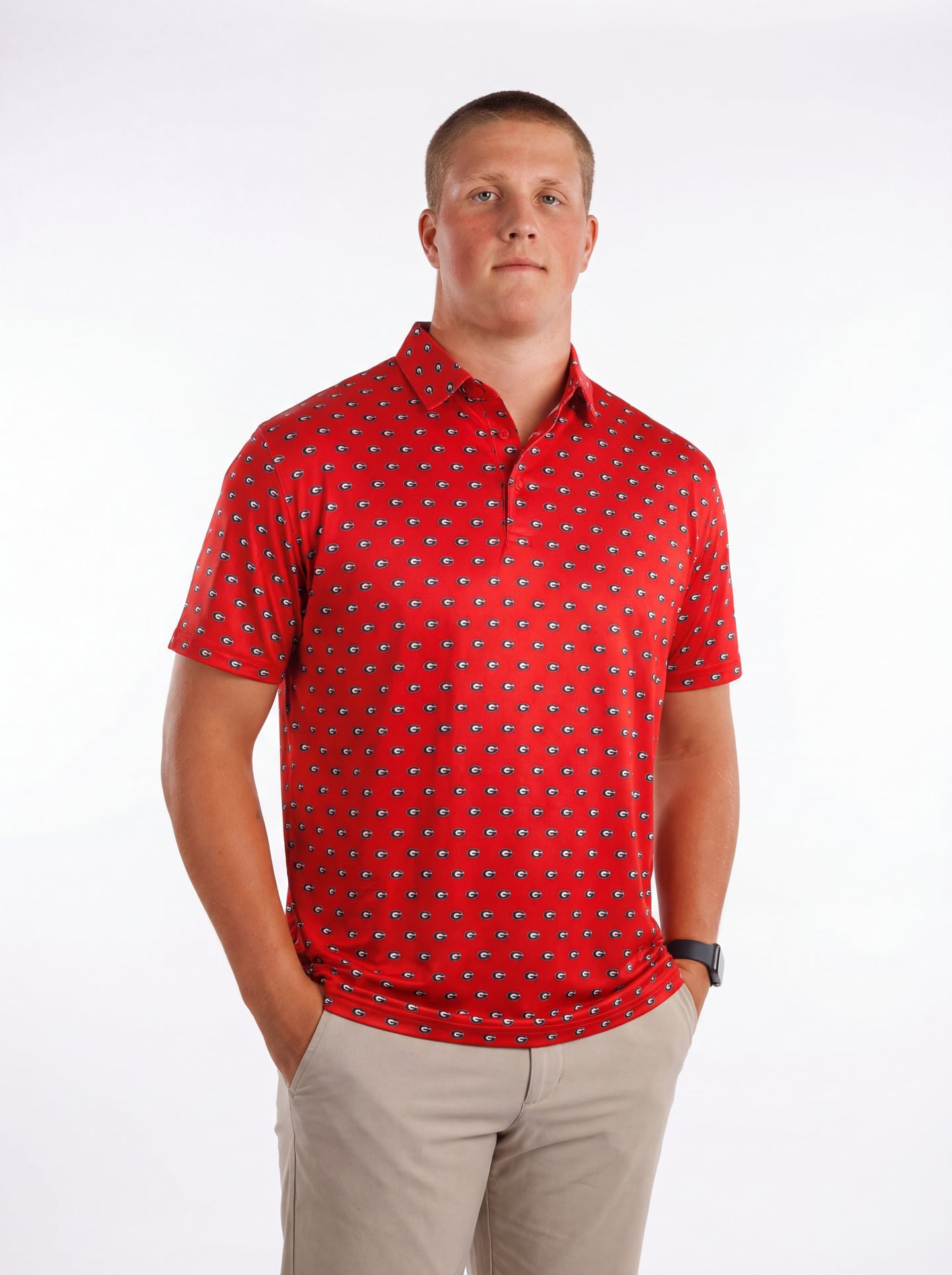 UGA Bulldogs men's "G Repeat" polo by Arena Graffiti, navy and white with bulldog logo, collar, and button placket.