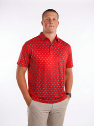 UGA Bulldogs men's "G Repeat" polo by Arena Graffiti, navy and white with bulldog logo, collar, and button placket.