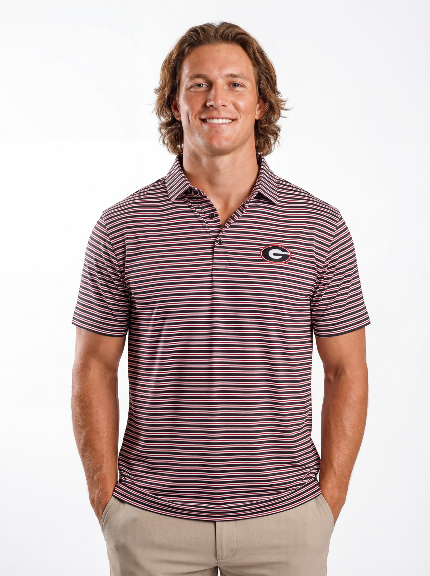 UGA Bulldogs men's Tri Stripe Mark polo shirt by Arena Graffiti, featuring a classic collar and team logo on the chest.