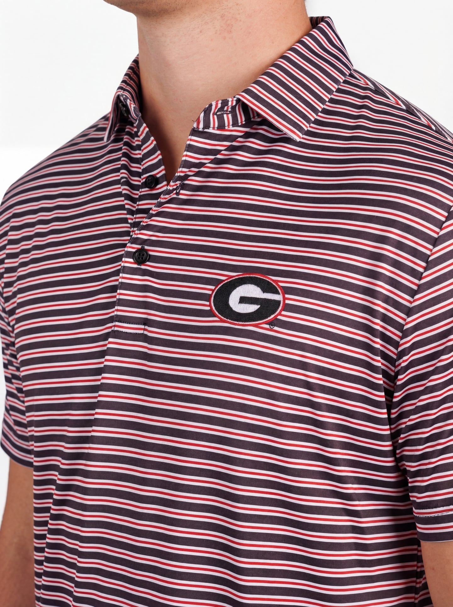 UGA Bulldogs men's Tri Stripe Mark polo shirt by Arena Graffiti, featuring team colors and athletic fit.