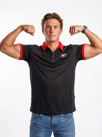 Men’s UGA Bulldogs “Red Collar Mark” Polo shirt by Arena Graffiti featuring a classic collar and Bulldogs logo.