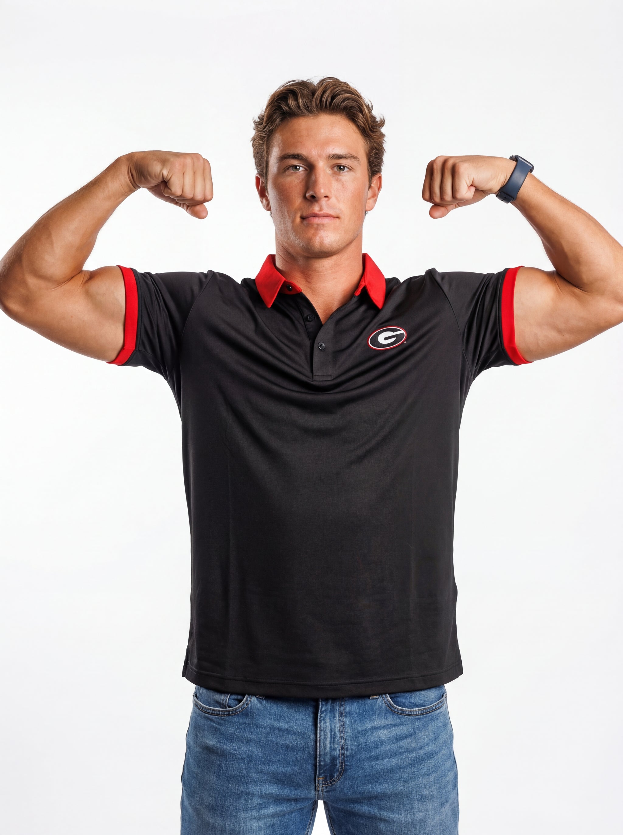 Men’s UGA Bulldogs “Red Collar Mark” Polo shirt by Arena Graffiti featuring a classic collar and Bulldogs logo.