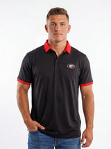 UGA Bulldogs men's red collar polo shirt by Arena Graffiti, featuring the "Red Collar Mark" design and team logo.