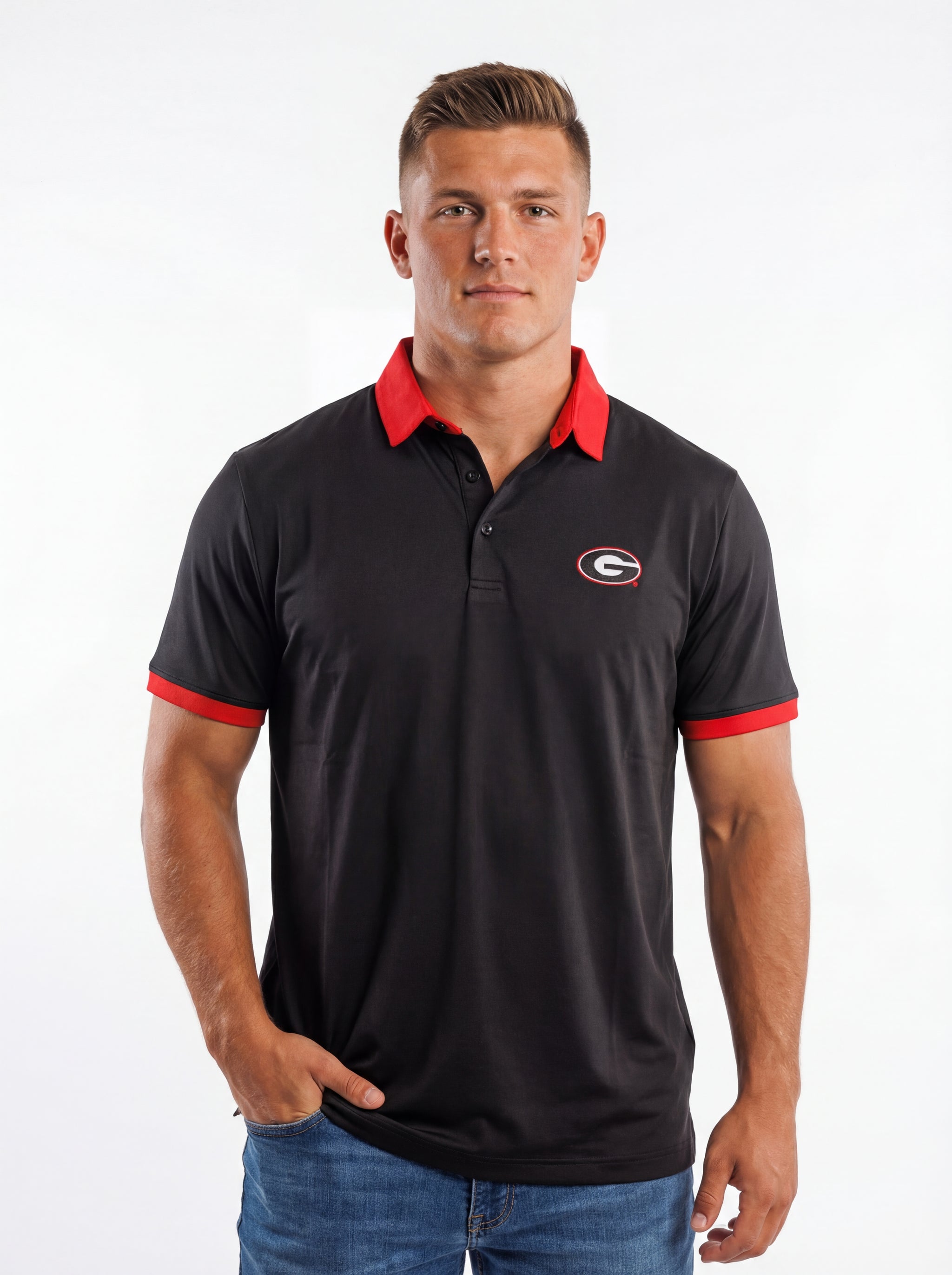UGA Bulldogs men's red collar polo shirt by Arena Graffiti, featuring the "Red Collar Mark" design and team logo.