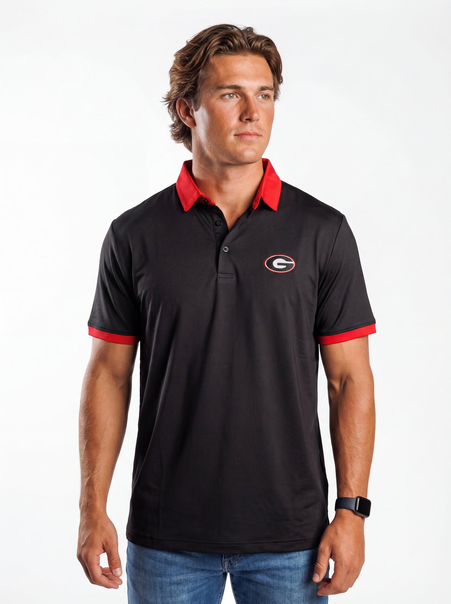 UGA Bulldogs men's red collar mark polo by Arena Graffiti, featuring a classic design and embroidered team logo.
