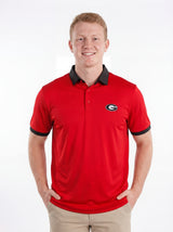 UGA Bulldogs men's Redline Polo by Arena Graffiti featuring red and navy colors with team logo embroidered on the chest.