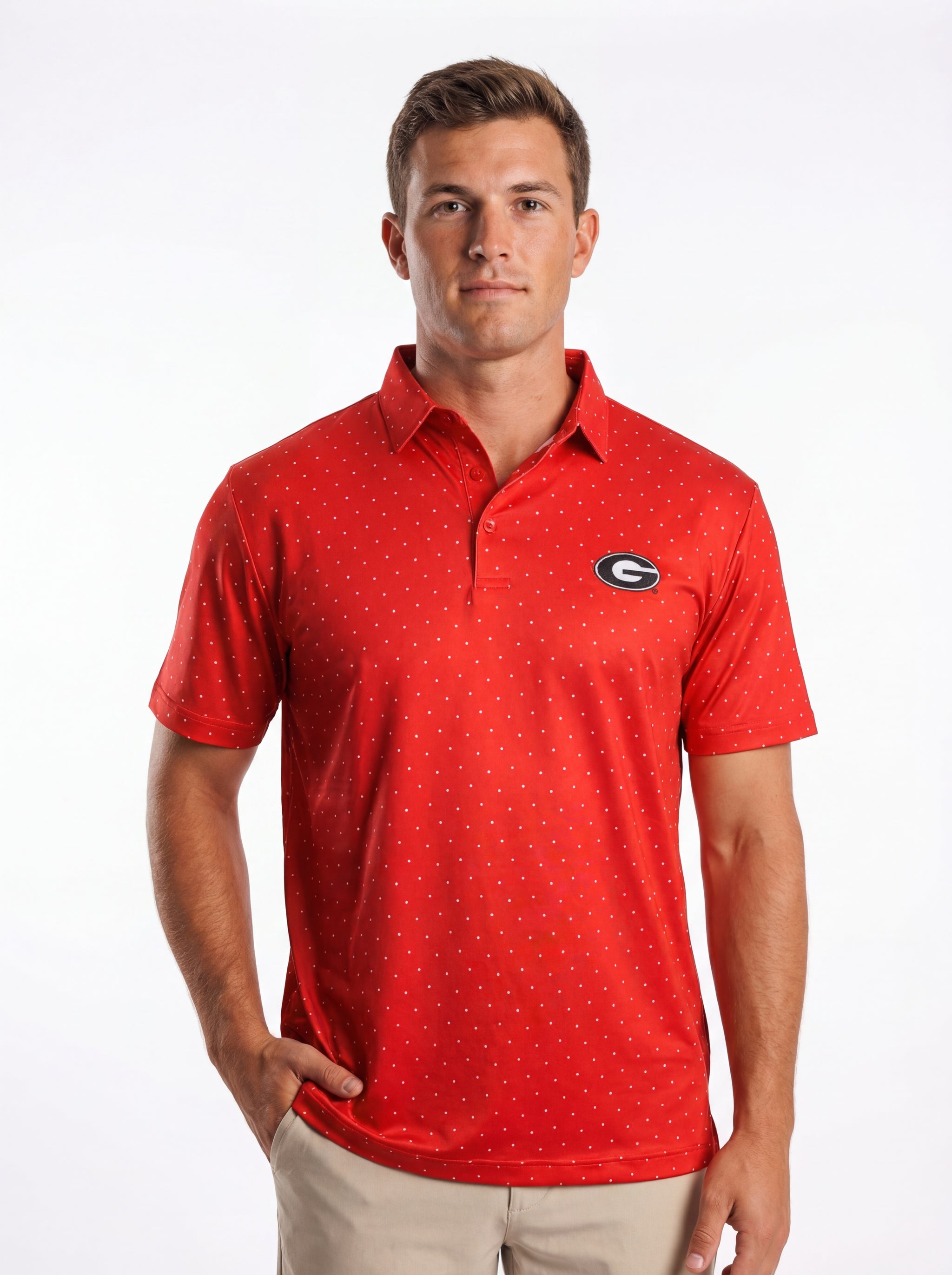 UGA Bulldogs men's red dot mark polo shirt by Arena Graffiti, featuring a classic collar and embroidered team logo.