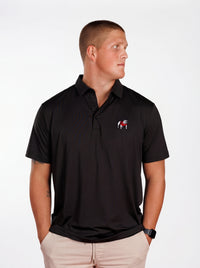 UGA Bulldogs men's Blackout Dawg polo shirt by Arena Graffiti, black fabric with team logo and athletic fit.