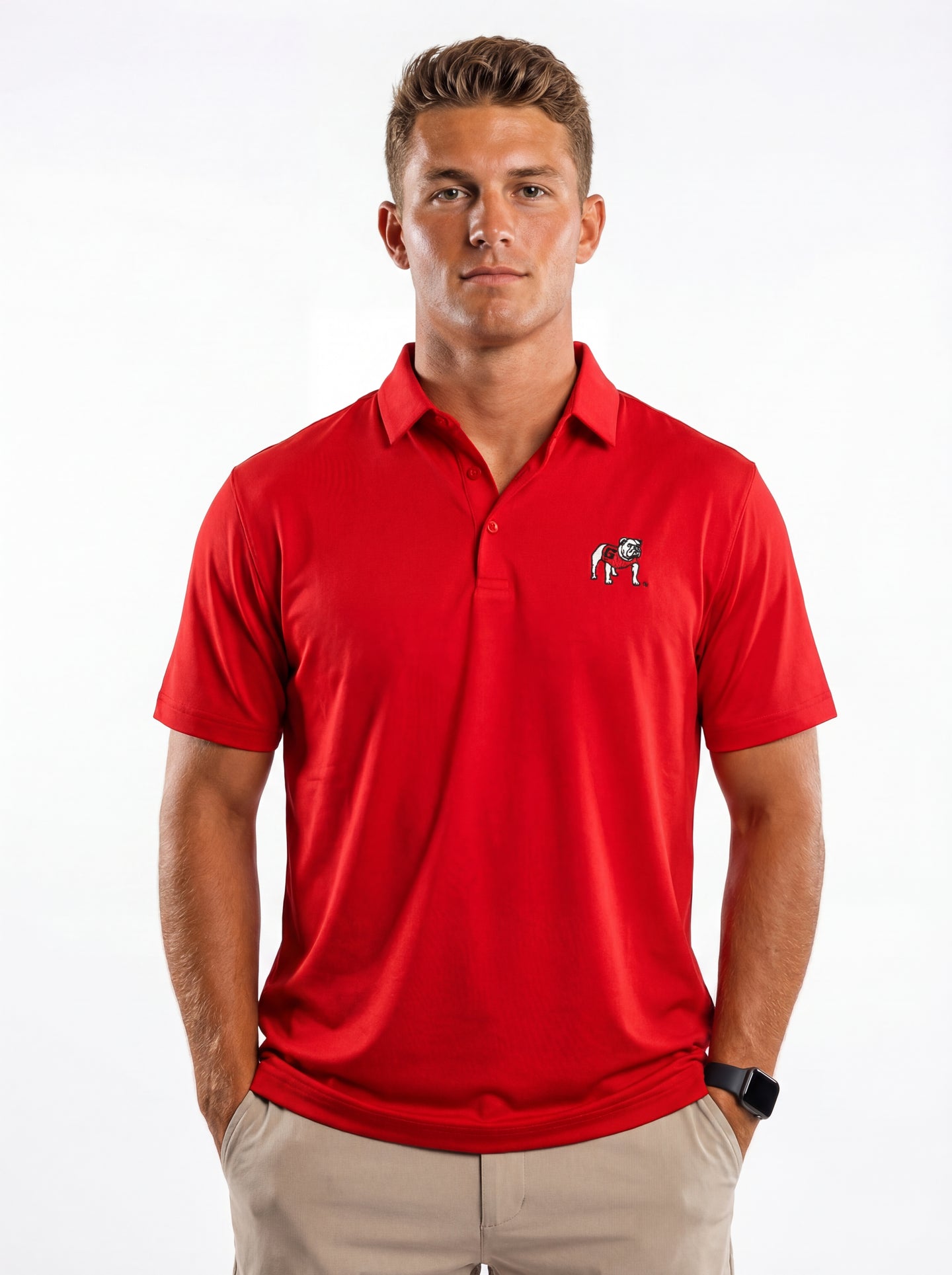 Arena Graffiti UGA Bulldogs Men’s Red Dawg Polo, red and white with team logo and collar, displayed on a mannequin.