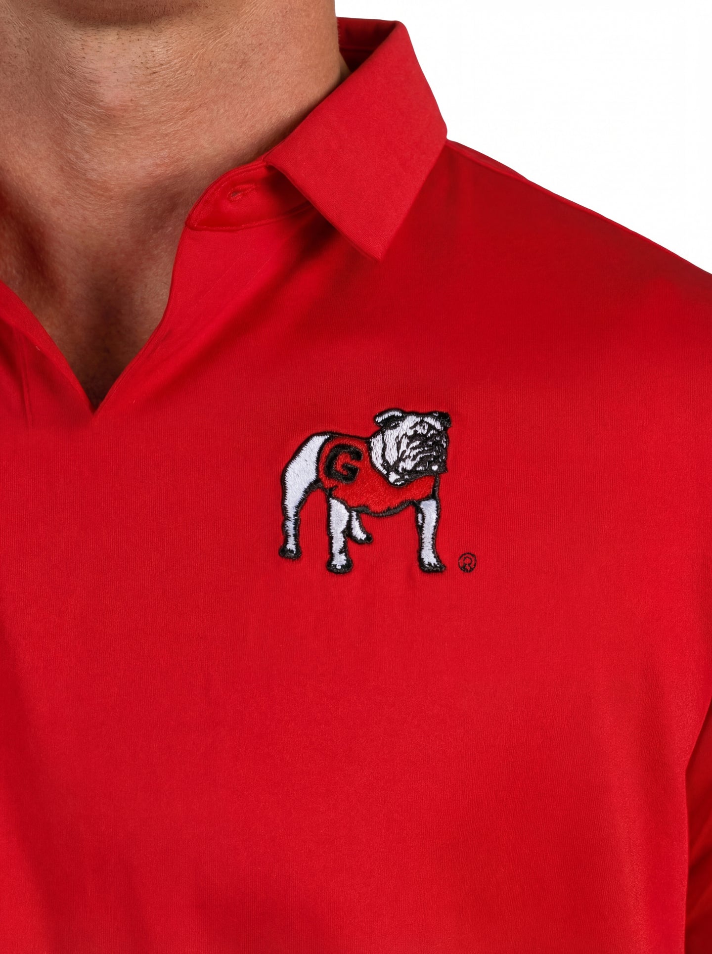 UGA Bulldogs men's red "Red Dawg" polo shirt by Arena Graffiti, featuring team logo and classic polo design.