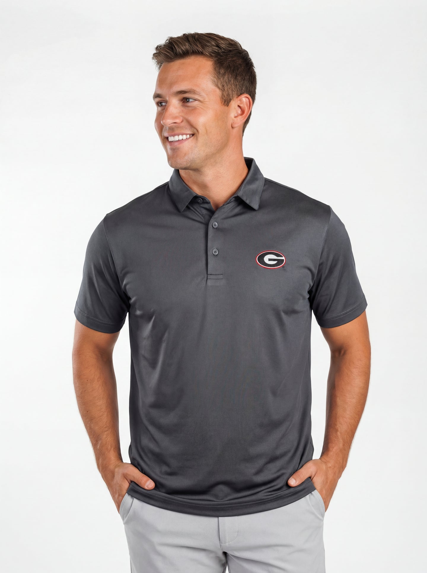 UGA Bulldogs men's grey "Mark" polo shirt by Arena Graffiti, showing front view with collar and logo detail.