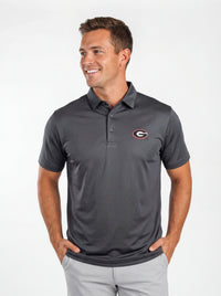UGA Bulldogs men's grey "Mark" polo shirt by Arena Graffiti, showing front view with collar and logo detail.