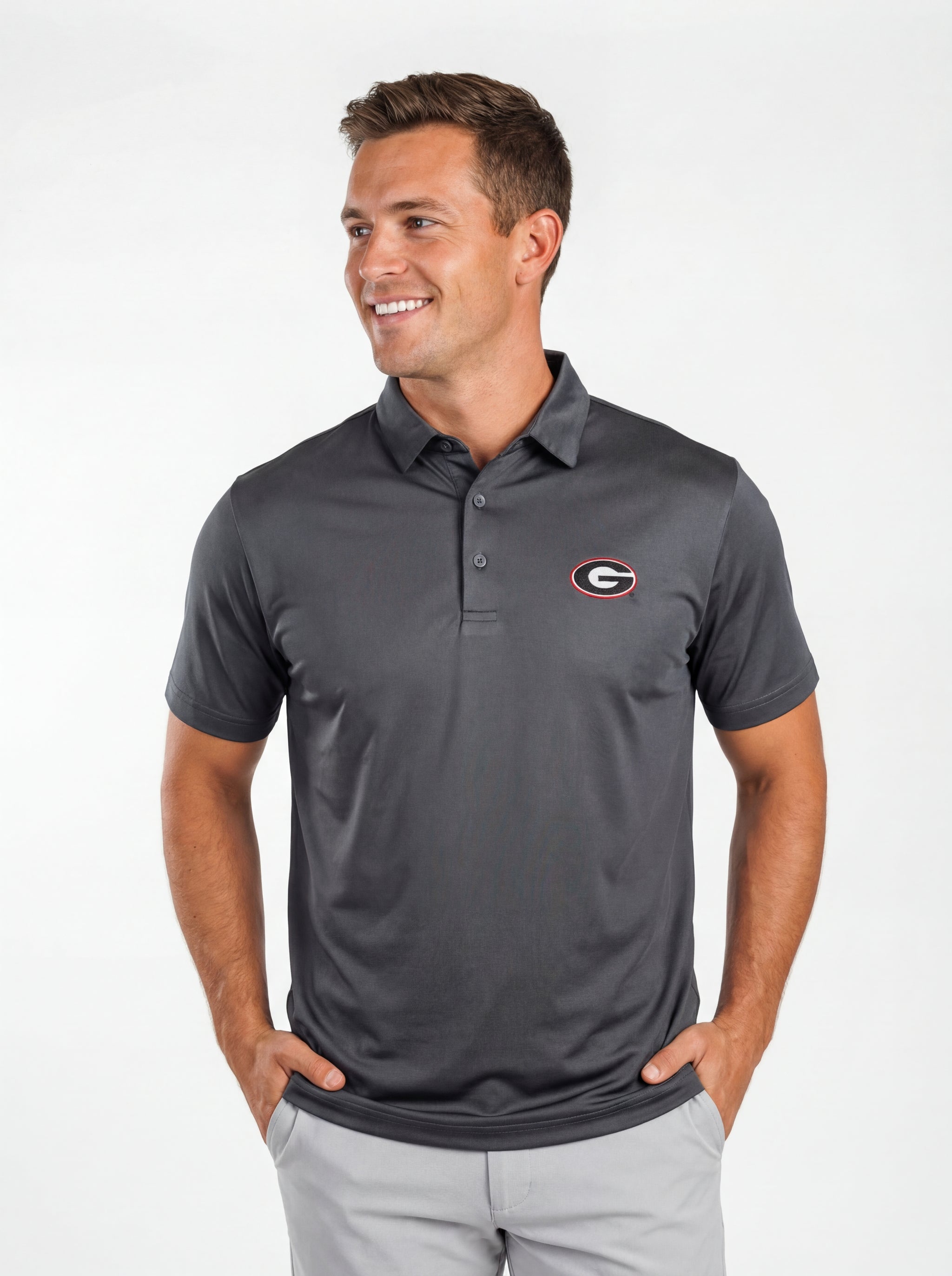 UGA Bulldogs men's grey "Mark" polo shirt by Arena Graffiti, showing front view with collar and logo detail.