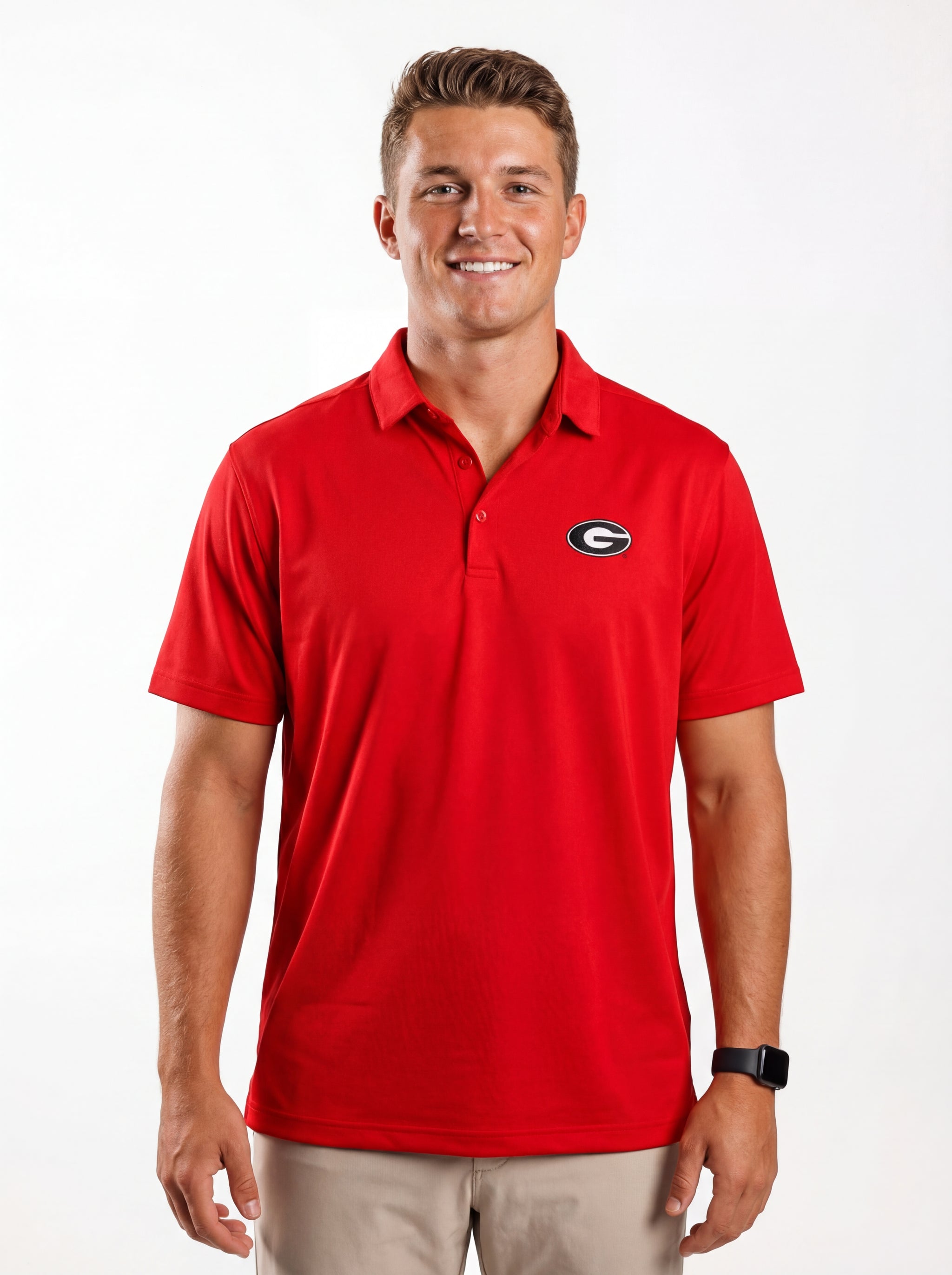UGA Bulldogs men's red "Hedges" polo shirt by Arena Graffiti, featuring the team logo and classic collar design.