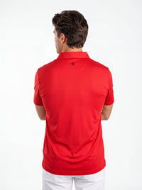 UGA Bulldogs men's red "Hedges" polo shirt by Arena Graffiti, shown on a mannequin with collar and logo detail visible.