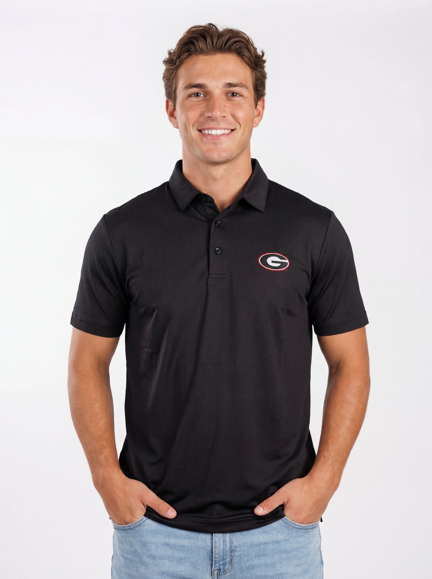 UGA Bulldogs men's Midnight Hedges polo shirt by Arena Graffiti, featuring team logo and classic collar in navy and white.