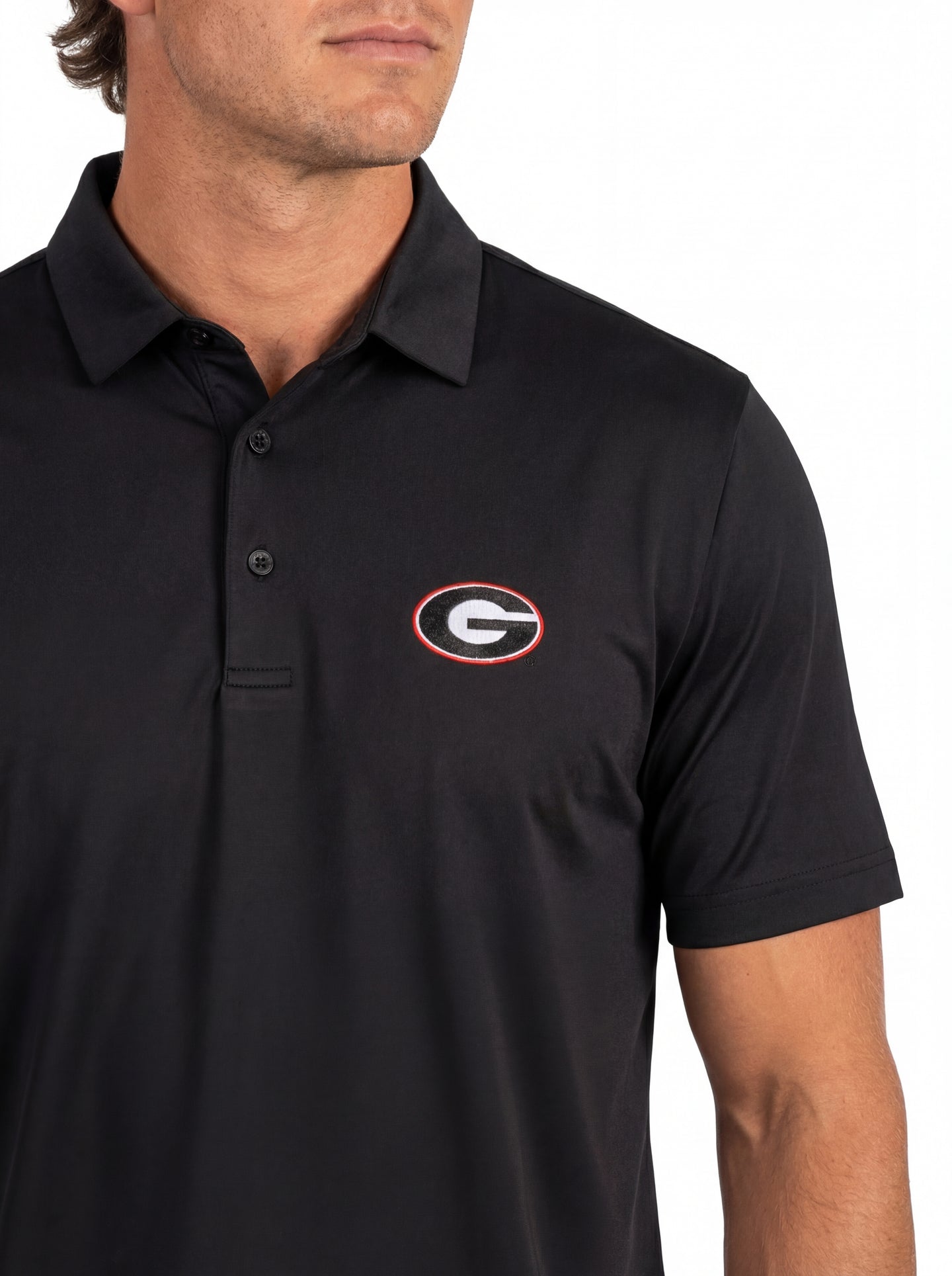 UGA Bulldogs men's Midnight Hedges polo by Arena Graffiti featuring a navy blue shirt with UGA logo and contrasting collar detail.