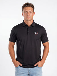 UGA Bulldogs men's Midnight Hedges polo shirt by Arena Graffiti, featuring team logo and navy fabric with subtle design details.