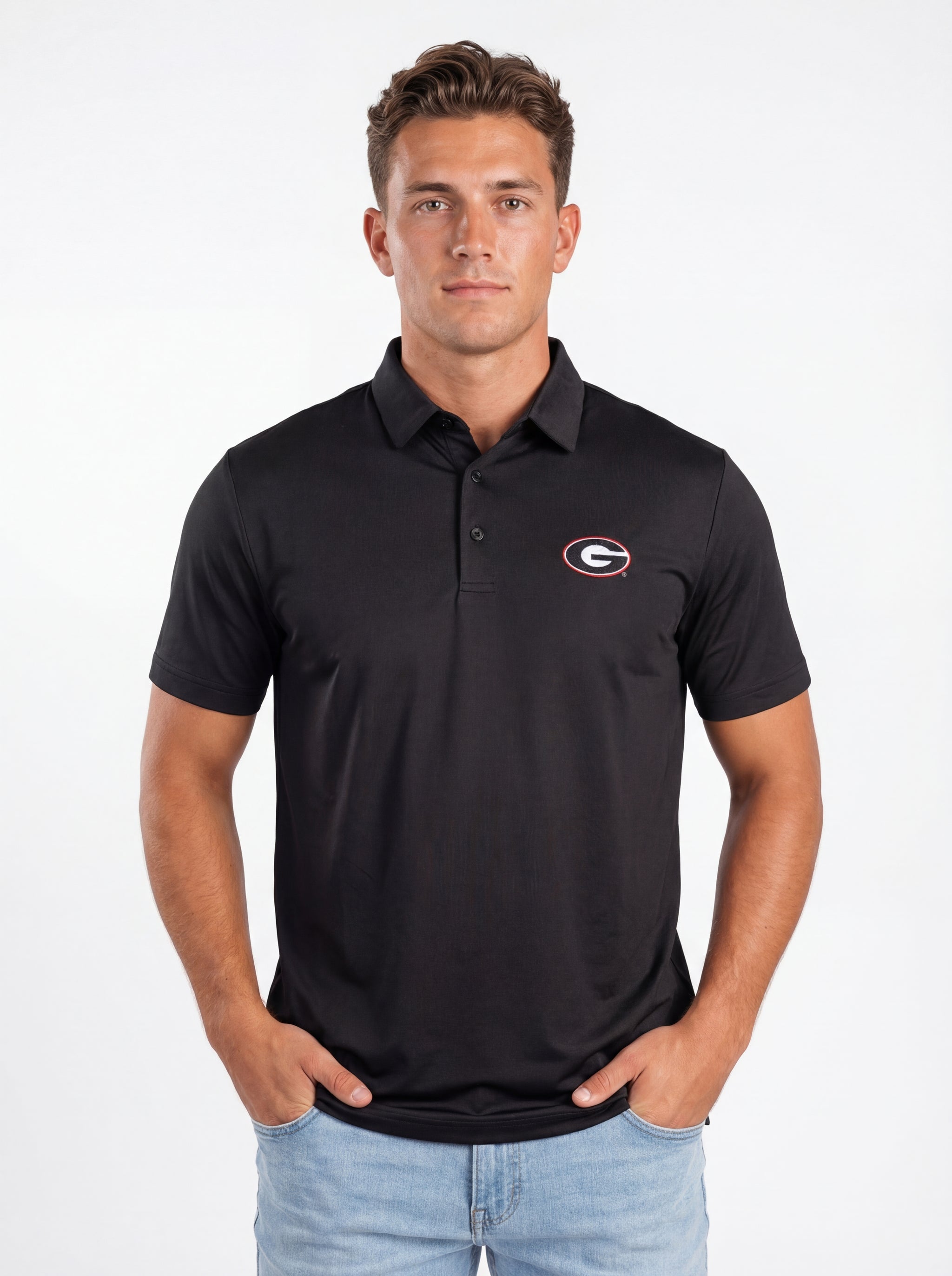 UGA Bulldogs men's Midnight Hedges polo shirt by Arena Graffiti, featuring team logo and navy fabric with subtle design details.