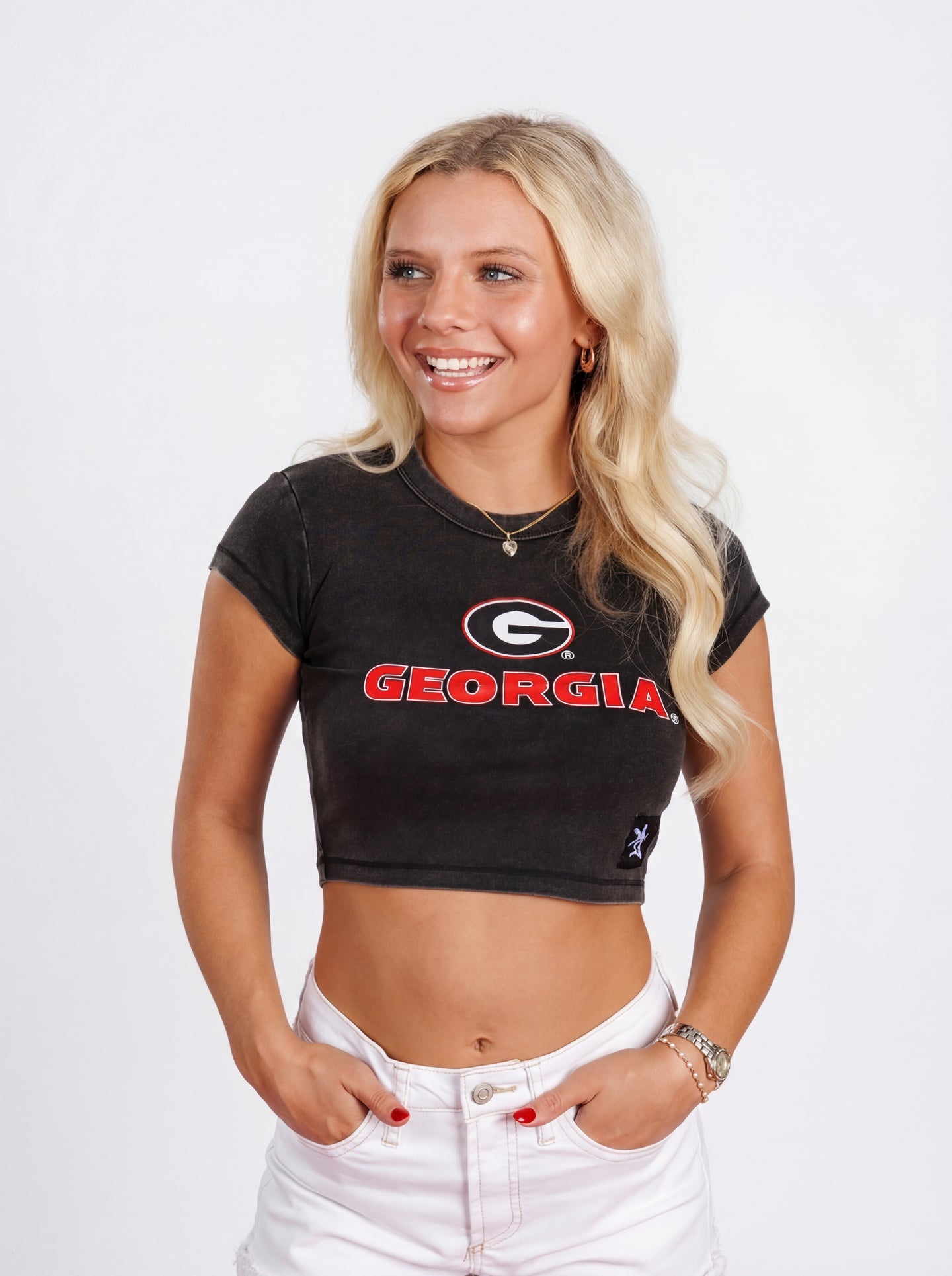 UGA Bulldogs women's Georgia G Cut crop top by Arena Graffiti, featuring team logo and stylish design.