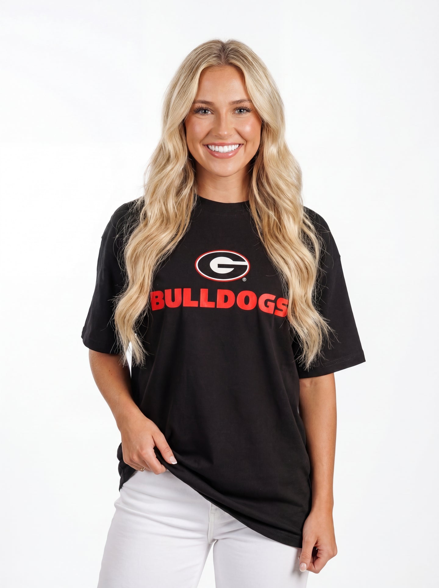 UGA Bulldogs women's heavyweight tee by Arena Graffiti featuring team logo and bold Bulldogs graphic on soft cotton fabric.
