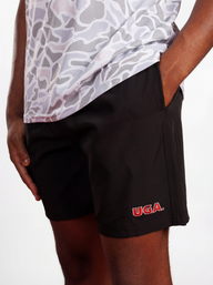 Black UGA Bulldogs men's "Blackout UGA" shorts by Arena Graffiti with team logo and black athletic fabric.
