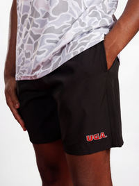 Black UGA Bulldogs men's "Blackout UGA" shorts by Arena Graffiti with team logo and black athletic fabric.