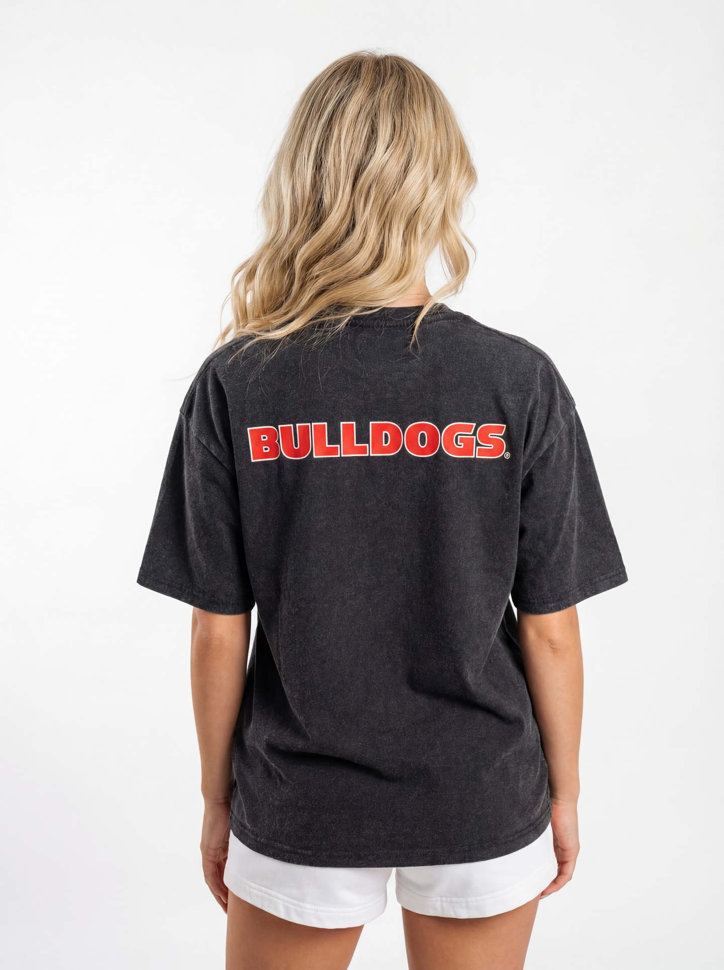UGA Bulldogs women's "Backfield Bulldogs" tee by Arena Graffiti, featuring team name and logo on a casual t-shirt.