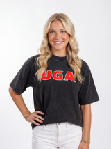 Women’s UGA Bulldogs “Backfield Bulldogs” T-shirt by Arena Graffiti showing front design with team logo and text.