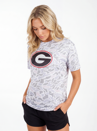 UGA Bulldogs women's Camo G Performance tee by Arena Graffiti, featuring a camouflage design and team logo on the front.