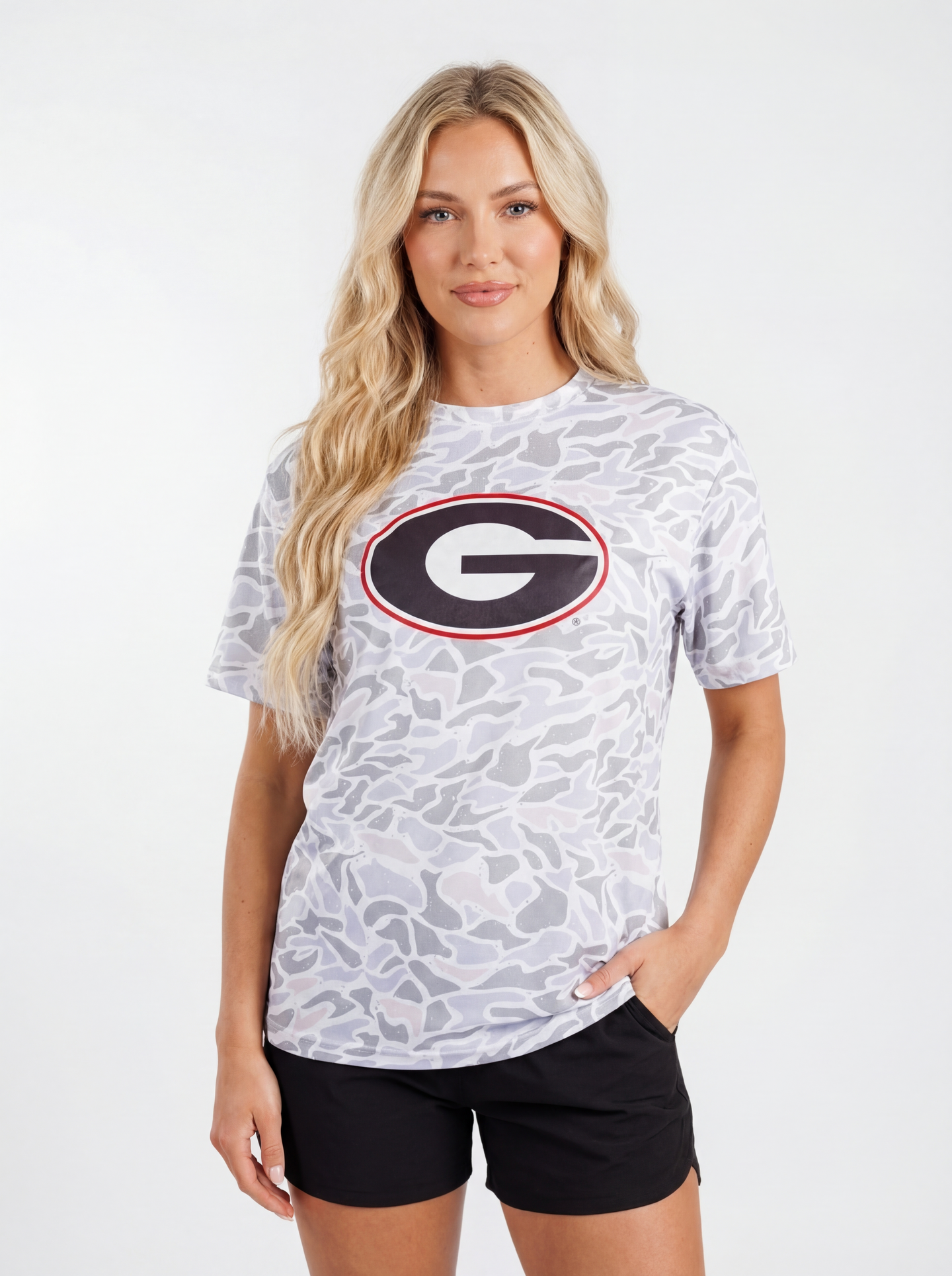 UGA Bulldogs Women's Camo G Performance Tee by Arena Graffiti showing a camo-patterned athletic T-shirt with Bulldogs logo and branding.