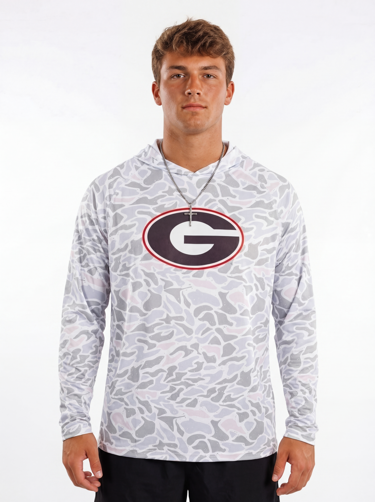 UGA Bulldogs men’s Camo G Angler fishing shirt by Arena Graffiti, featuring camouflage pattern and athletic fit.