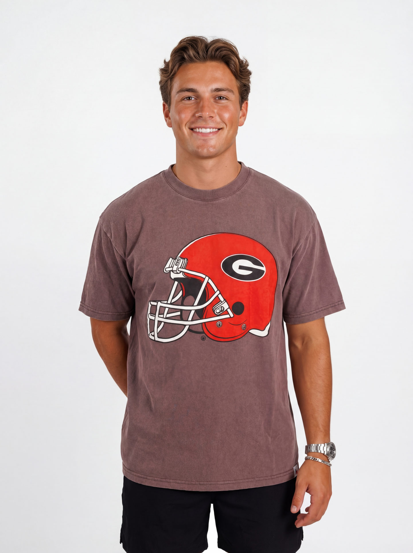 UGA Bulldogs men's Iron Helmet Tee by Arena Graffiti featuring a football helmet graphic and team logo on soft cotton fabric.