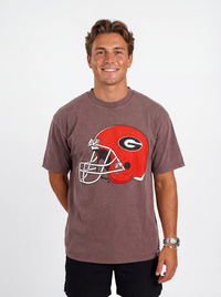 UGA Bulldogs men's Iron Helmet Tee by Arena Graffiti featuring a football helmet graphic and team logo on soft cotton fabric.