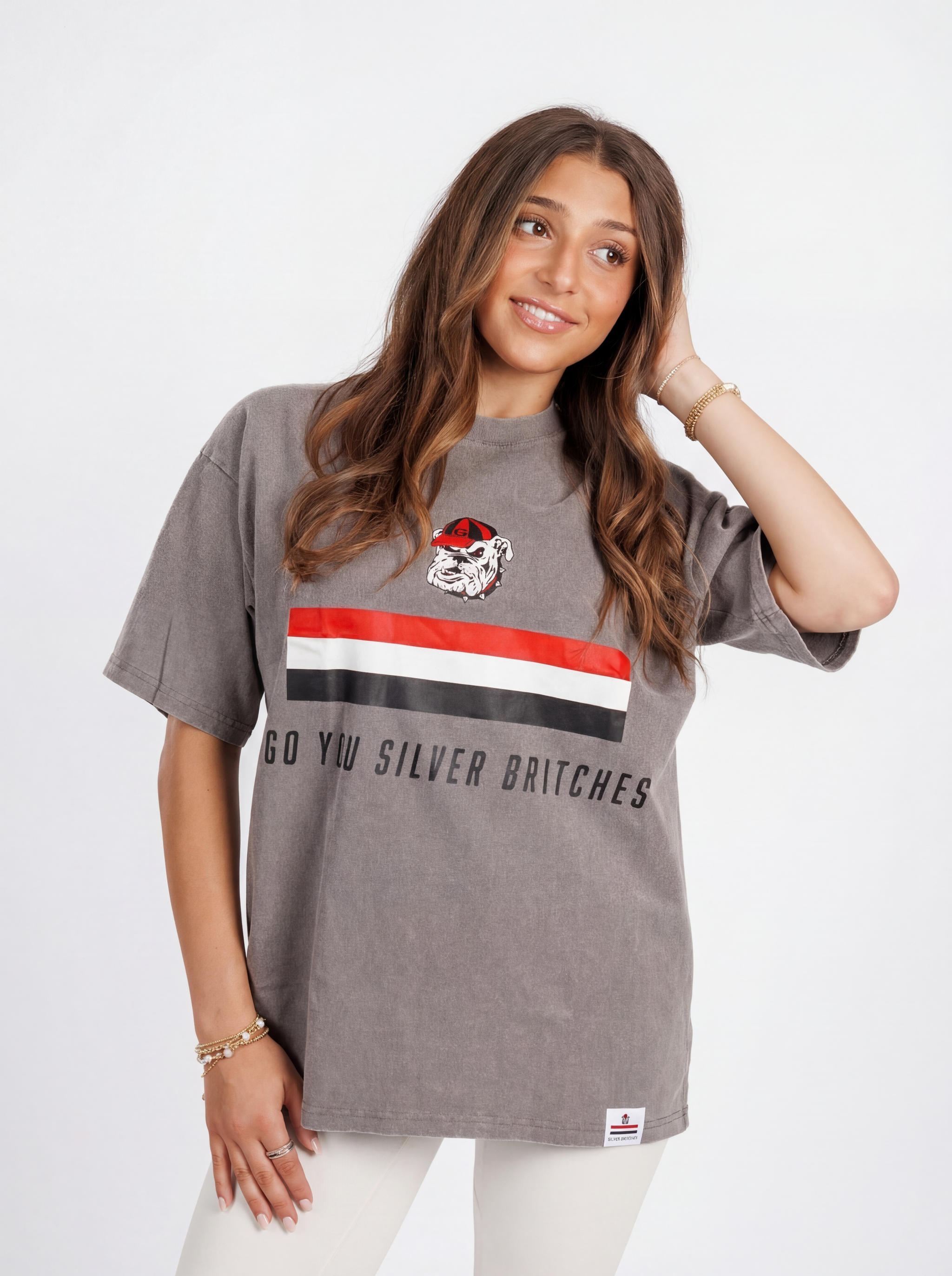 UGA Bulldogs women's Silver Britches tee by Arena Graffiti featuring a graphic design and team logo on soft fabric