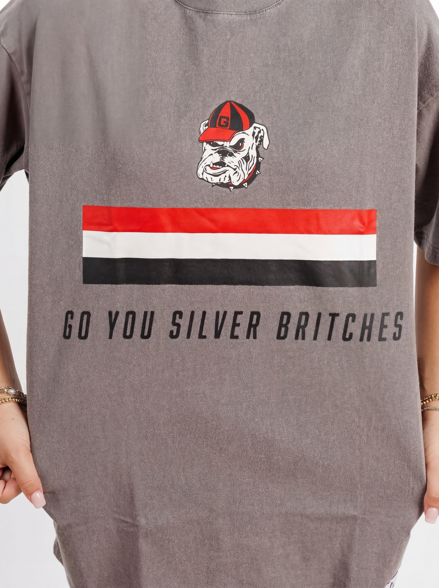 UGA Bulldogs women's "Silver Britches" T-shirt by Arena Graffiti, featuring team graphics and a casual fit.