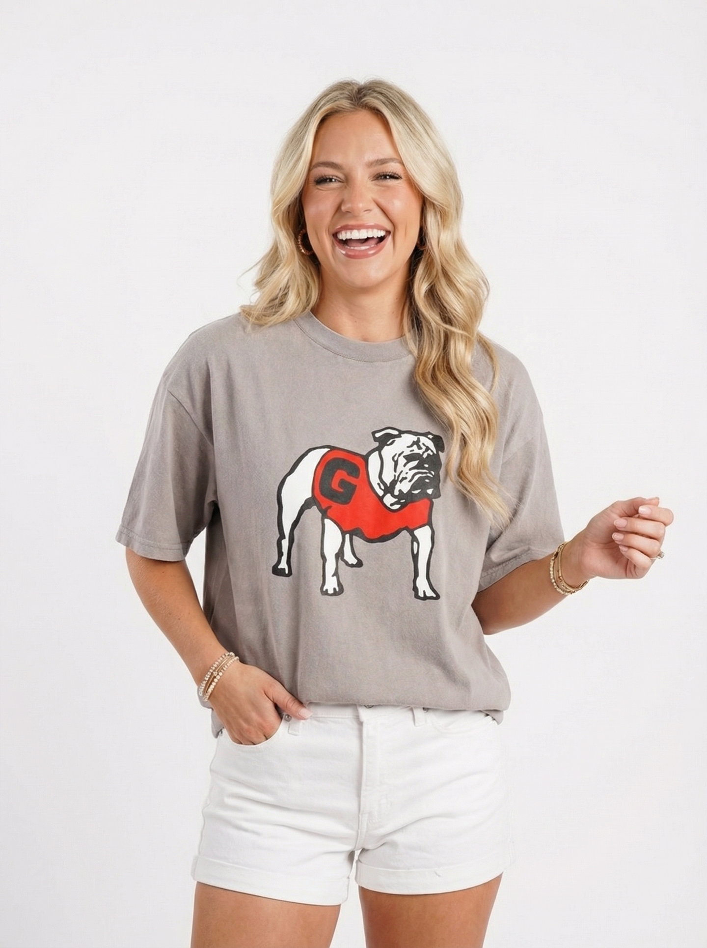 UGA Bulldogs women’s “Silver Dawg” T-shirt by Arena Graffiti, featuring a silver Bulldog graphic on a casual tee.