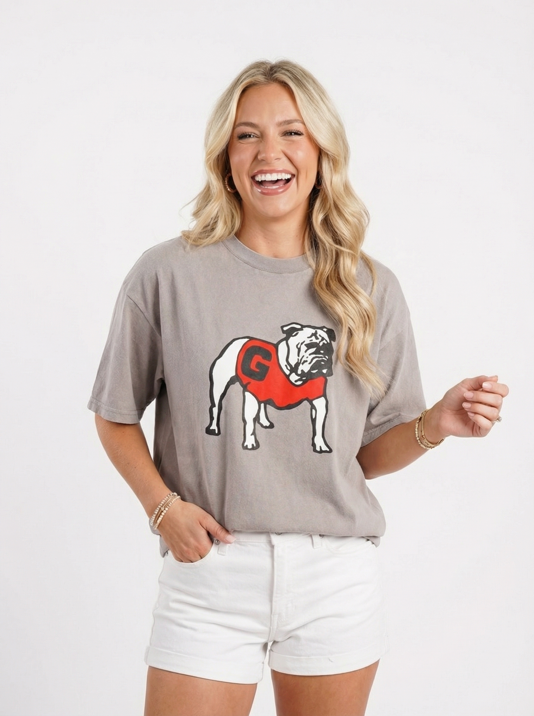 UGA Bulldogs women’s “Silver Dawg” T-shirt by Arena Graffiti, featuring a silver Bulldog graphic on a casual tee.