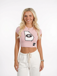 UGA Bulldogs women's "Blush State" crop top by Arena Graffiti, pink and white athletic crop top with Bulldogs logo and "Blush State" text