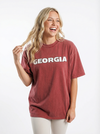 UGA Bulldogs women’s Georgia Script T-shirt by Arena Graffiti, featuring team logo and stylish script design.