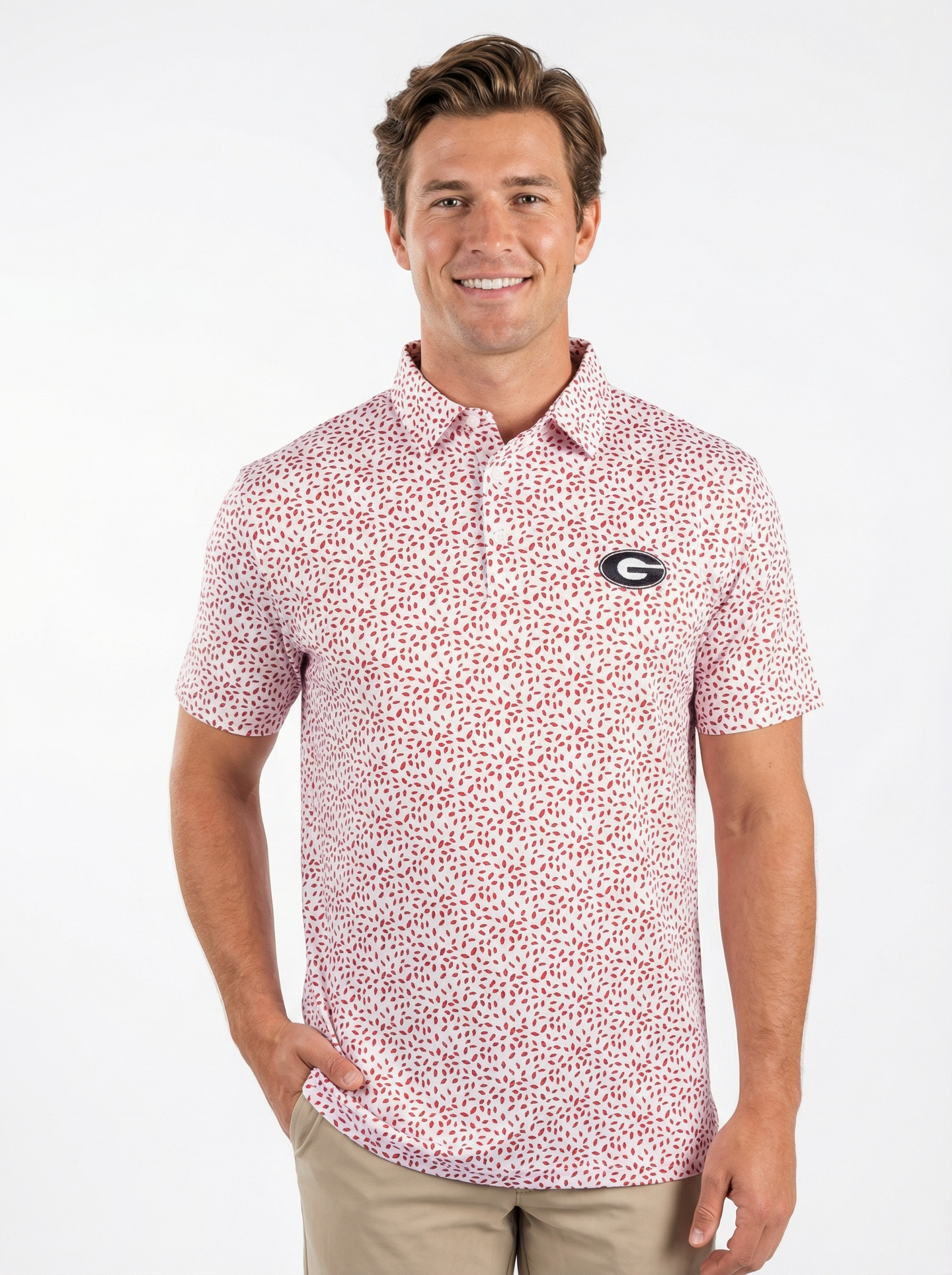 UGA Bulldogs men's "Hedge Splatter" polo shirt by Arena Graffiti, featuring a colorful splatter design and classic polo style.