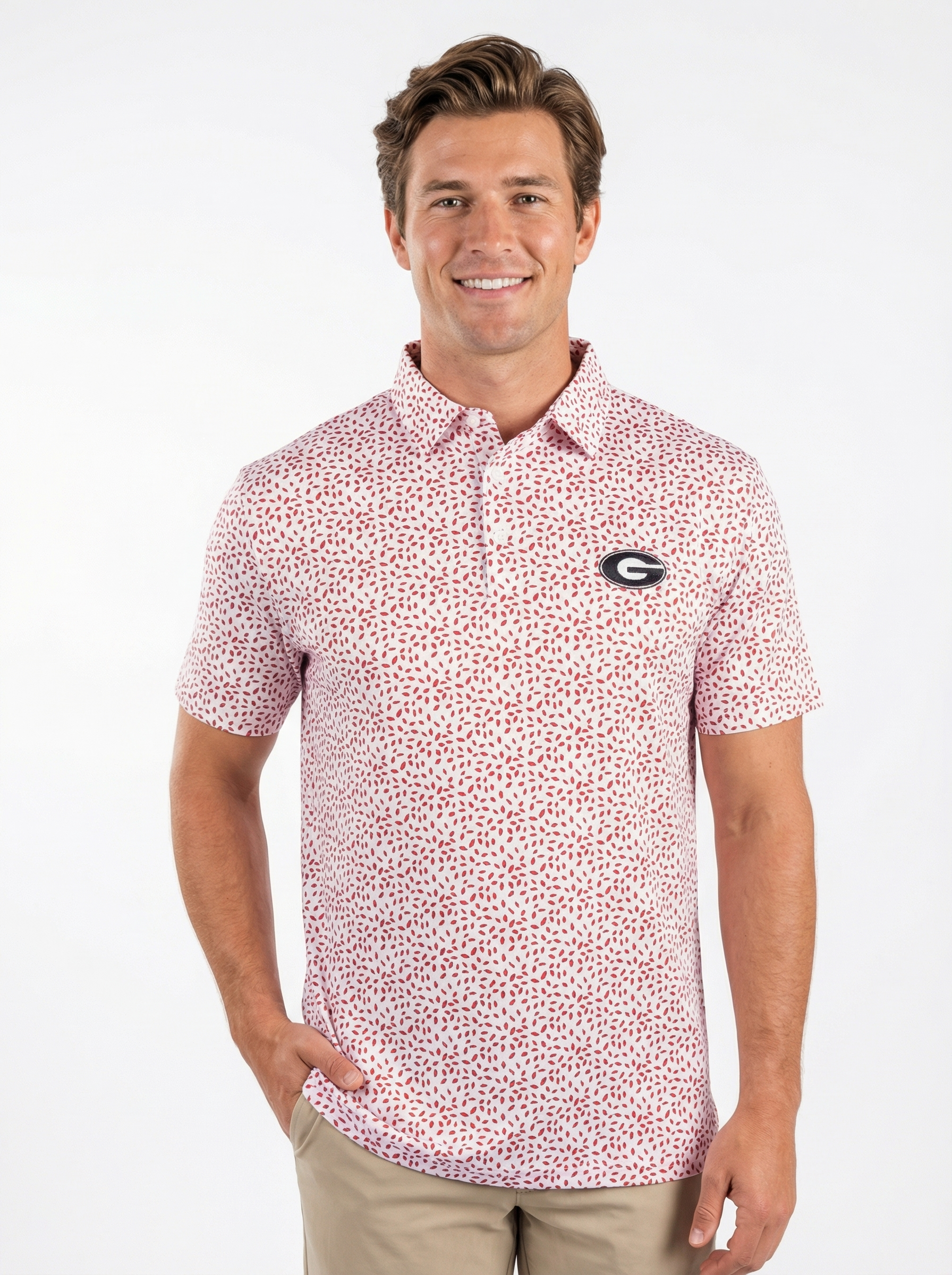 UGA Bulldogs men's "Hedge Splatter" polo shirt by Arena Graffiti, featuring a colorful splatter design and classic polo style.