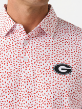 UGA Bulldogs men's Hedge Splatter polo shirt by Arena Graffiti, featuring a colorful splatter pattern and team logo.