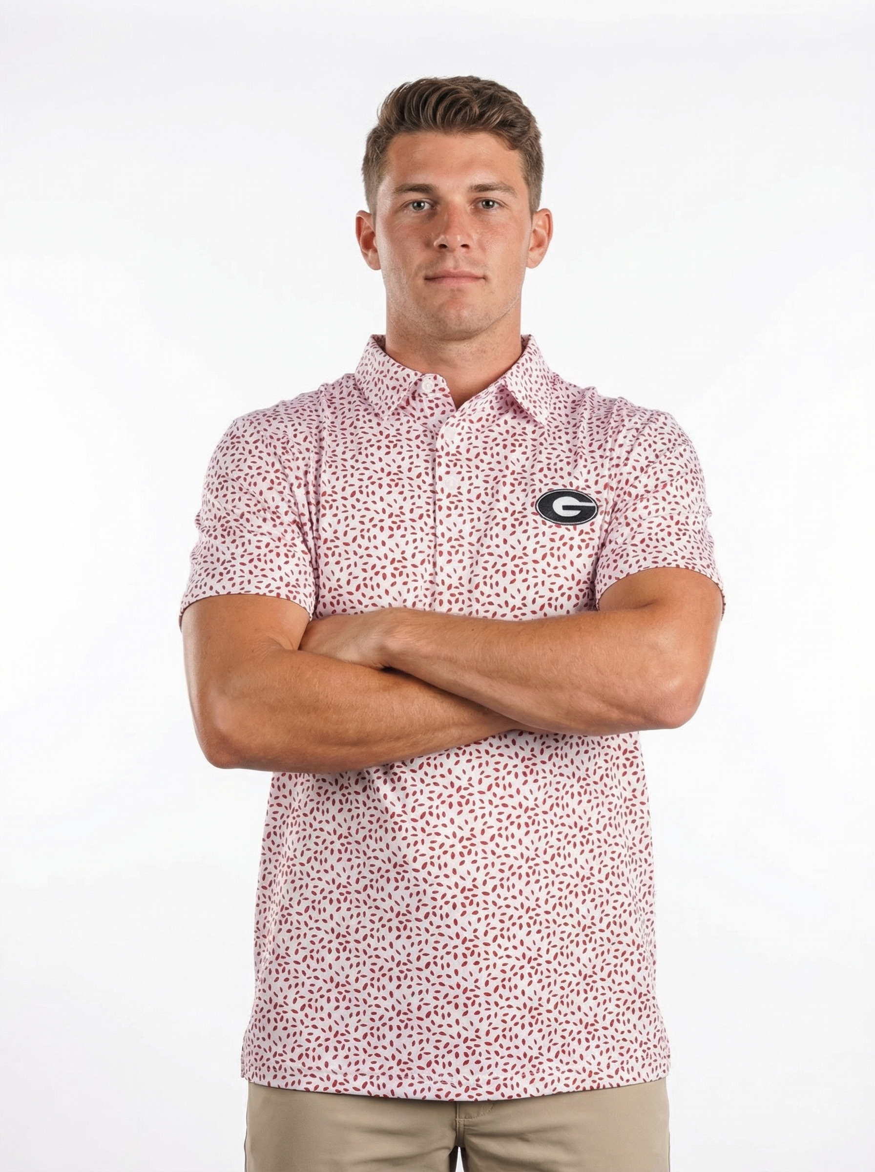 UGA Bulldogs men's Hedge Splatter polo shirt by Arena Graffiti, featuring a colorful splatter design and polo collar.
