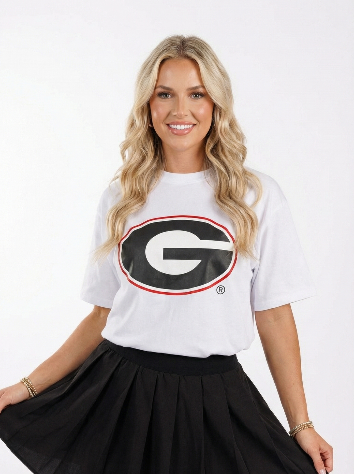 White UGA Bulldogs women’s heavyweight T-shirt by Arena Graffiti featuring team logo and bold lettering on soft cotton fabric.