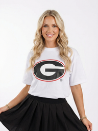 White UGA Bulldogs women’s heavyweight T-shirt by Arena Graffiti featuring team logo and bold lettering on soft cotton fabric.