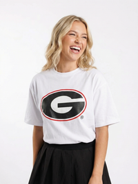 White UGA Bulldogs Women’s heavy-weight "White Mark" T-shirt by Arena Graffiti, featuring team logo and athletic fit.