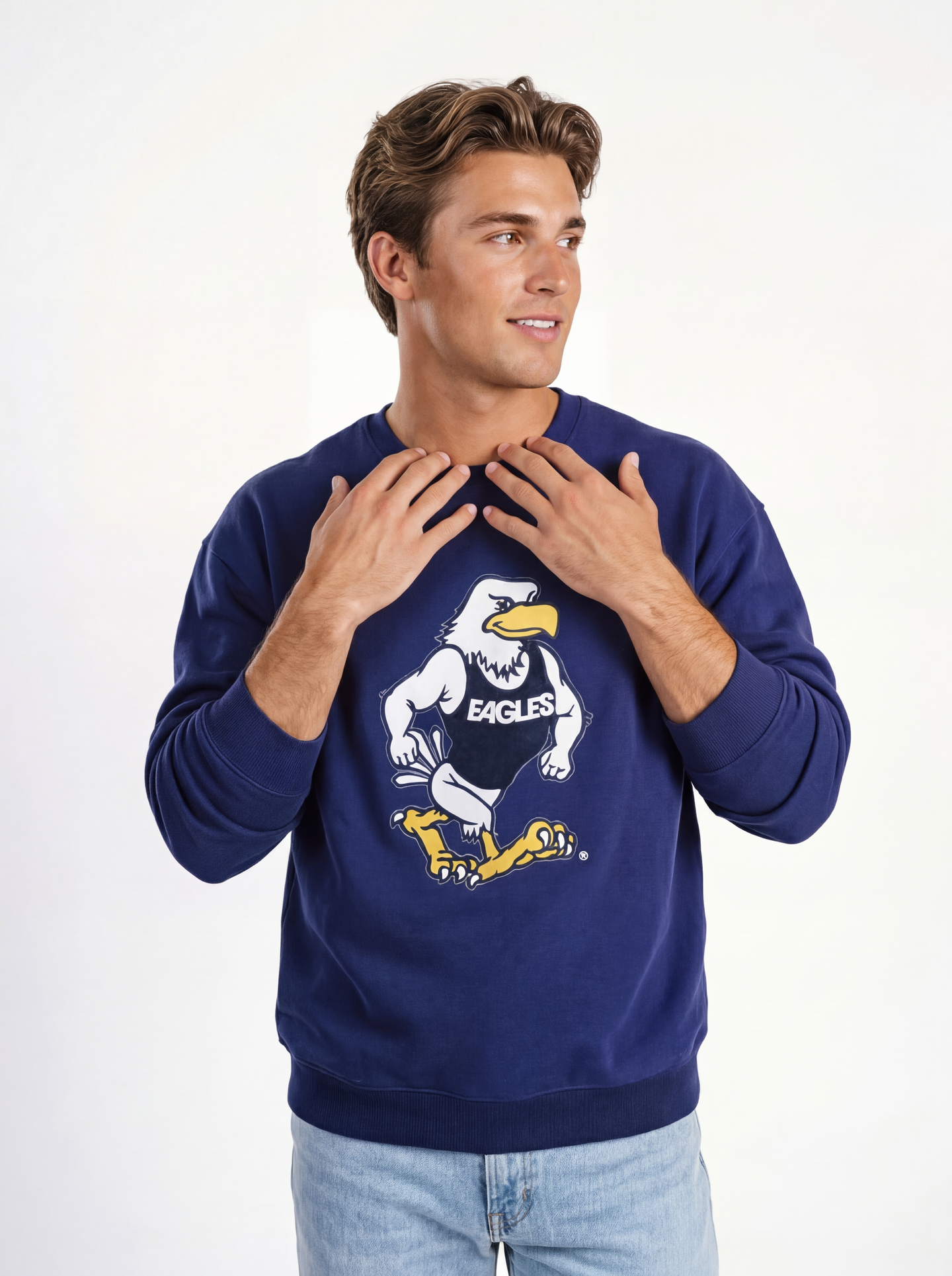 Georgia Southern men's navy crewneck sweatshirt with "Strutter" design by Arena Graffiti, featuring a comfortable fit and team logo.
