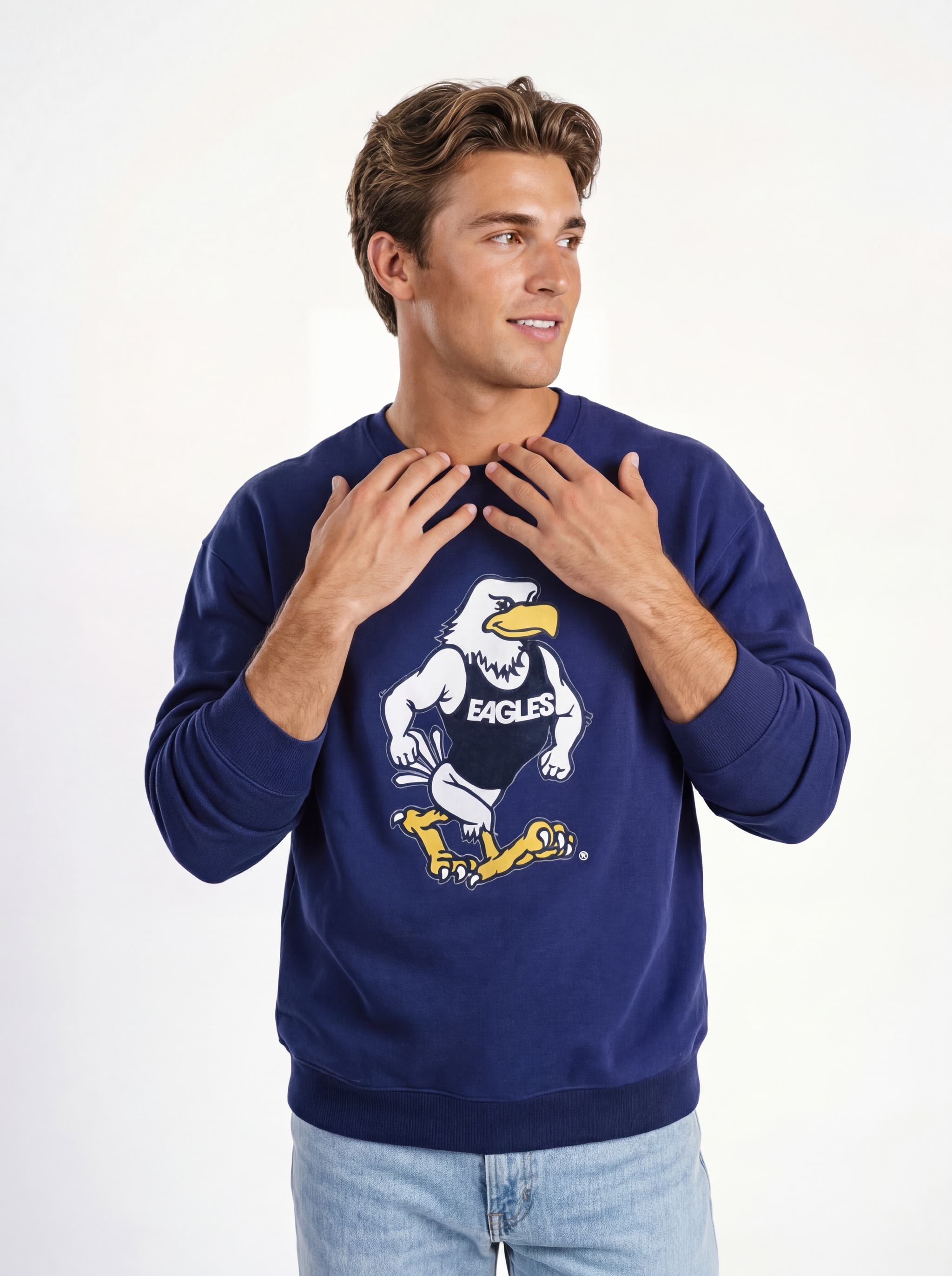 Georgia Southern men's navy crewneck sweatshirt with "Strutter" design by Arena Graffiti, featuring a comfortable fit and team logo.